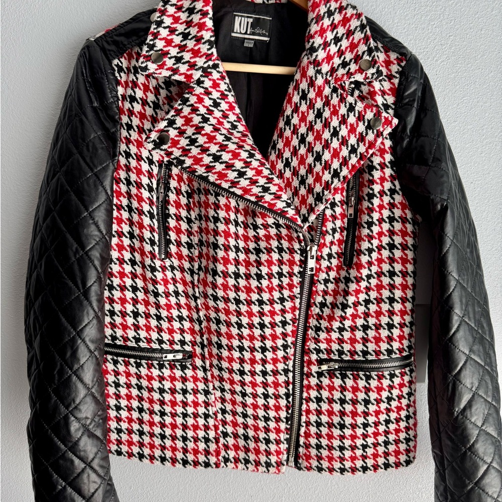 Kut from the Kloth Red and Black Houndstooth Faux Leather Jacket